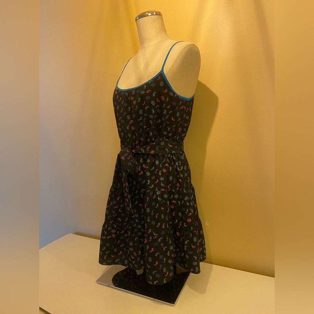 Stylish Black Dress with Blue paisley Accents belted dress size SP SUMMER DRESS